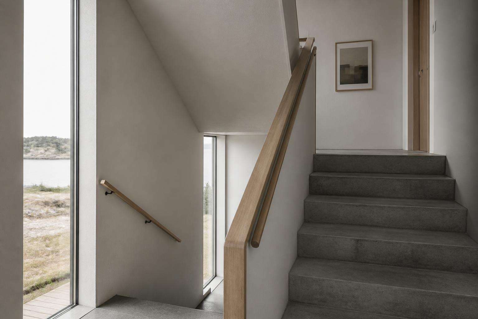 Skandinavisk arkitektur, trapphus i betong och ek