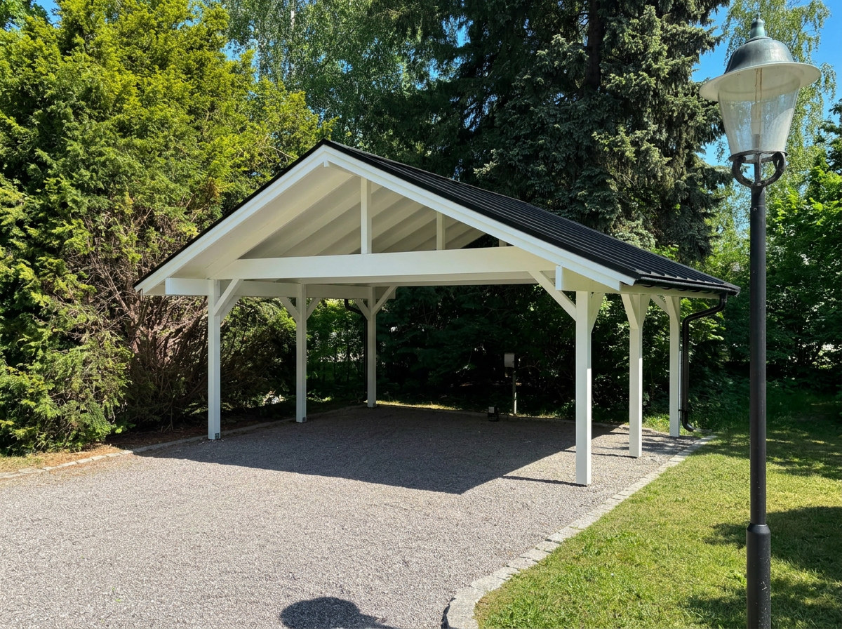 Carport i trä med grusad uppfart