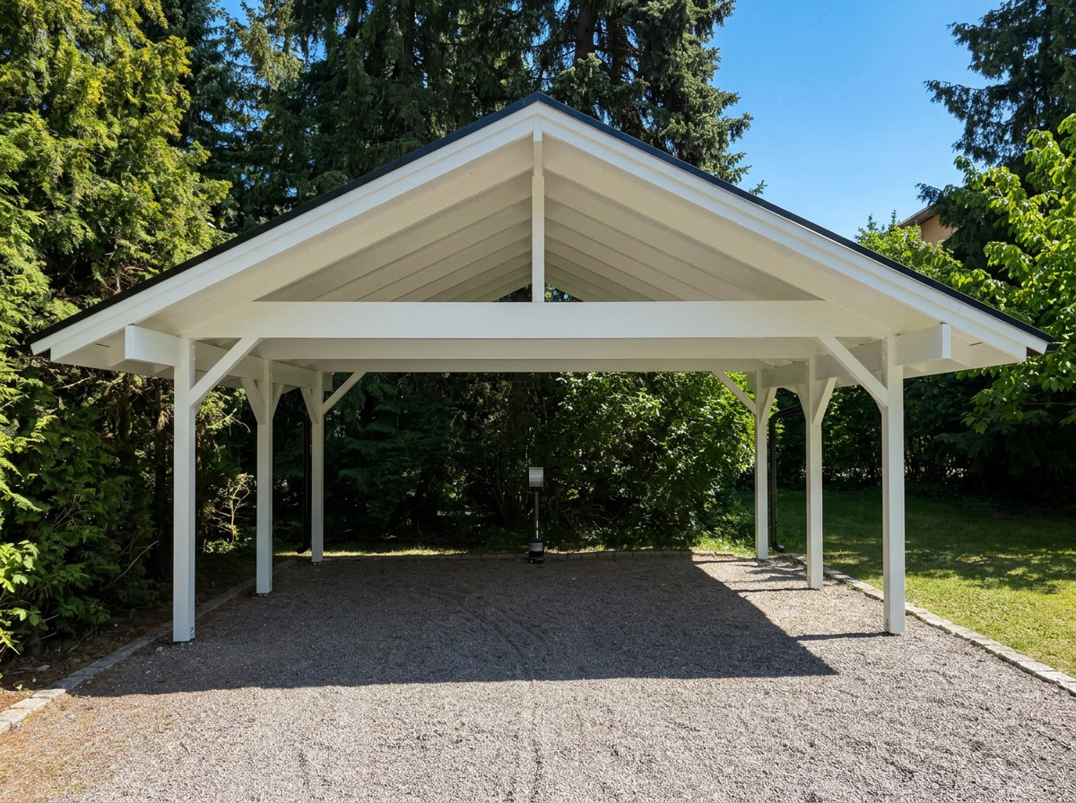Carport i trä med grusad uppfart